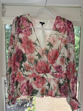 Express Floral Wrap Peplum Blouse in Coral, Green and Cream